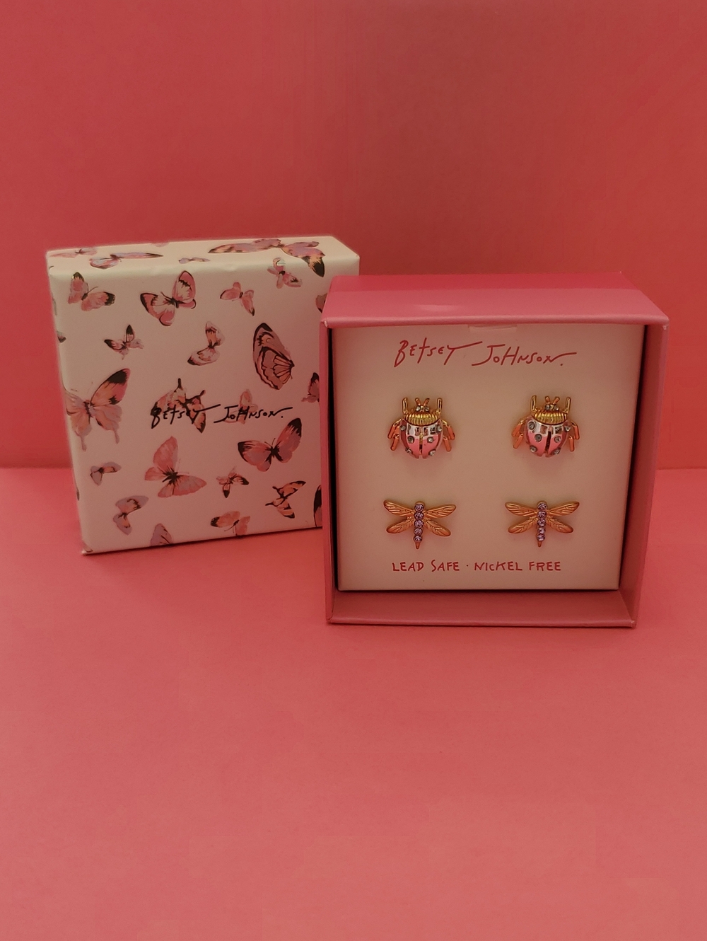Betsey Johnson Pink & Gold Bug and Dragonfly Kids Earring Set